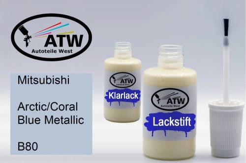 Mitsubishi, Arctic/Coral Blue Metallic, B80: 20ml Lackstift + 20ml Klarlack - Set, von ATW Autoteile West.